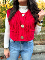 red sleeveless chunky sweater vest