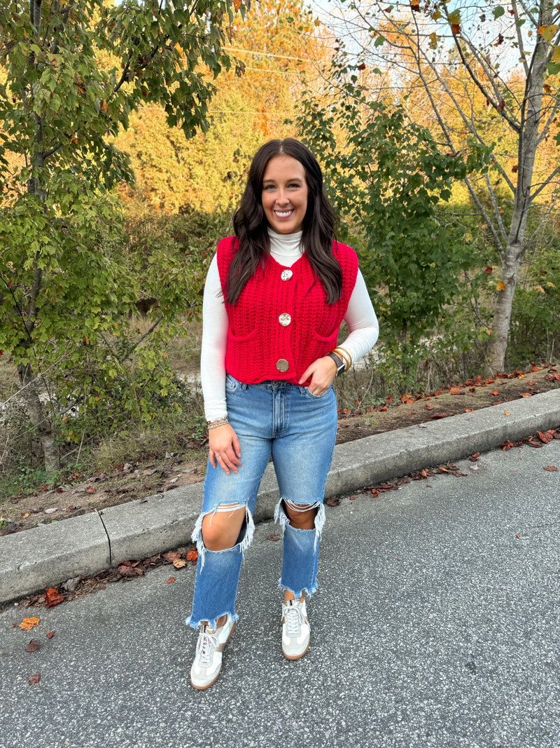 red sleeveless chunky sweater vest