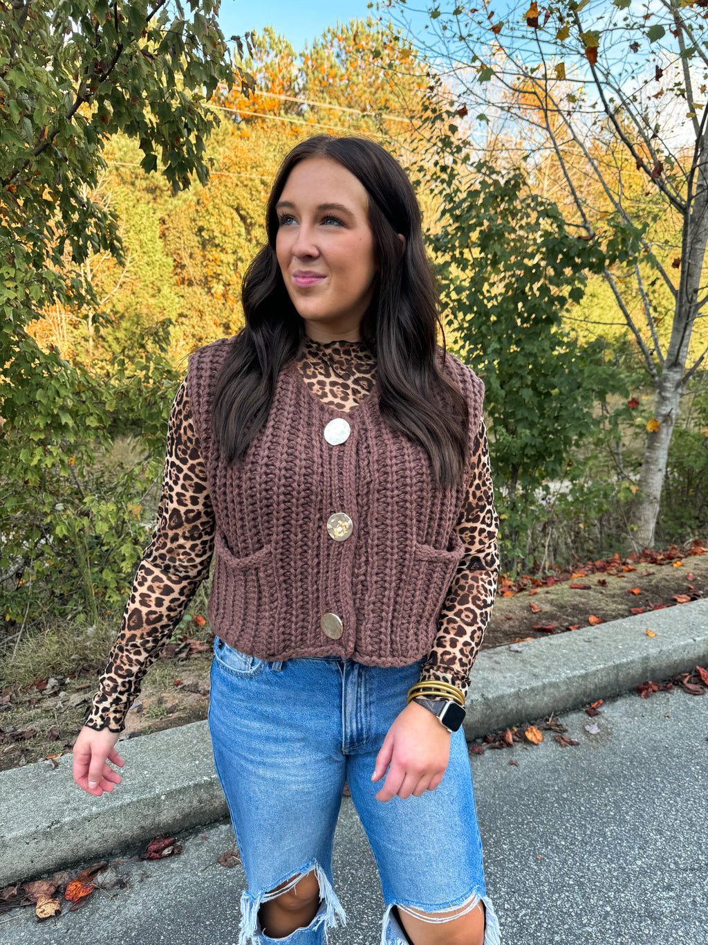 brown sleeveless chunky sweater vest