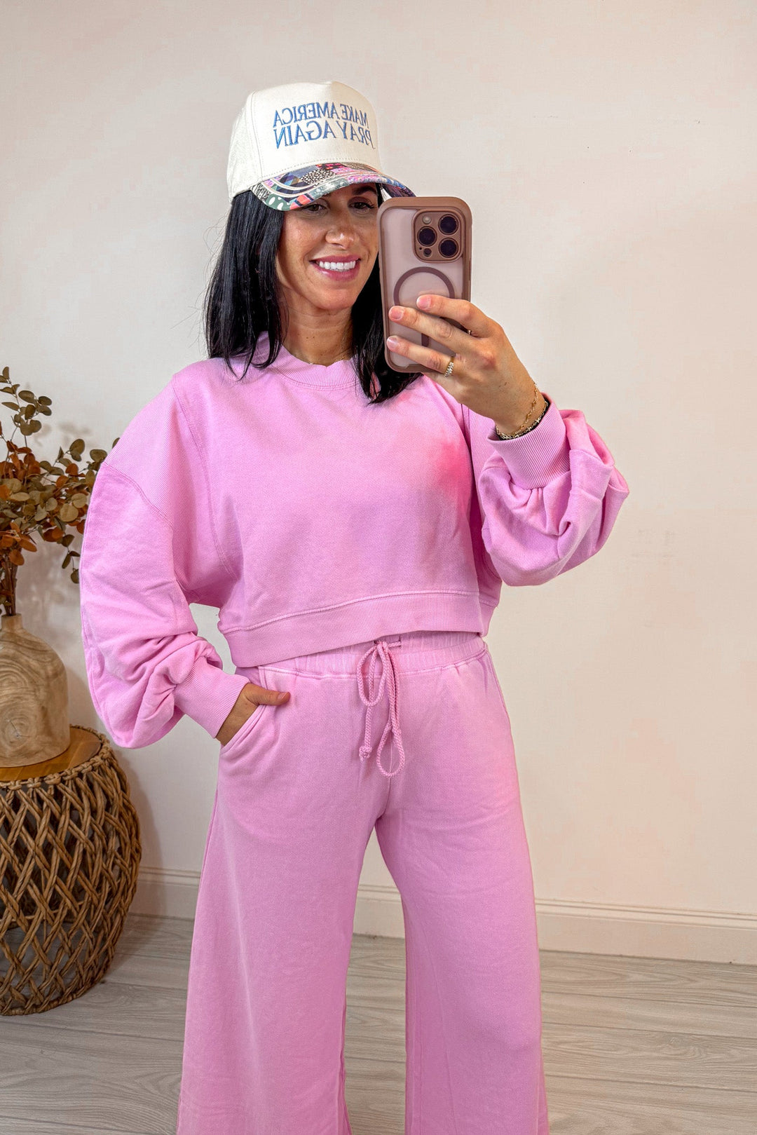 pink cropped sweatshirt matching set