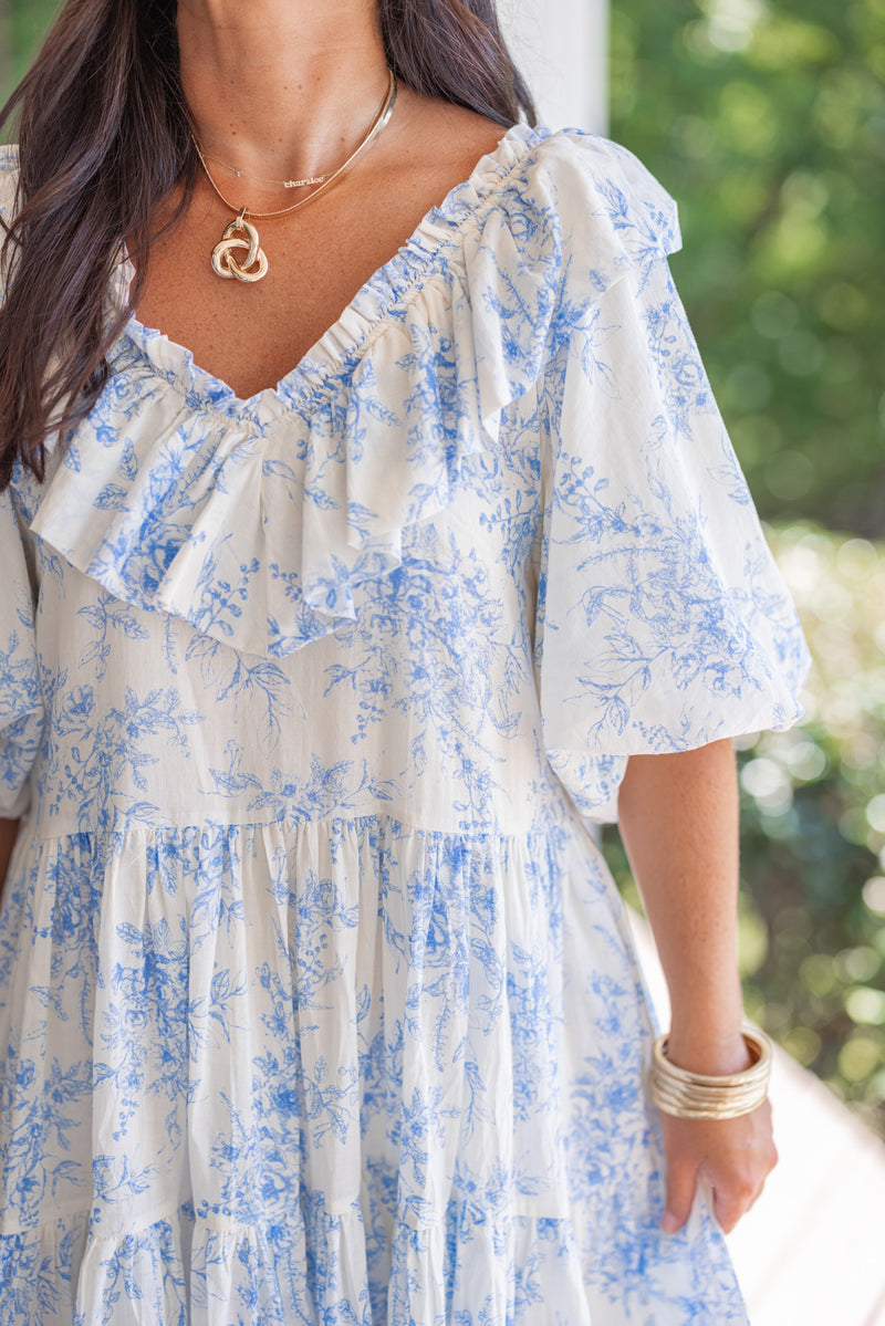 vintage blue print babydoll dress