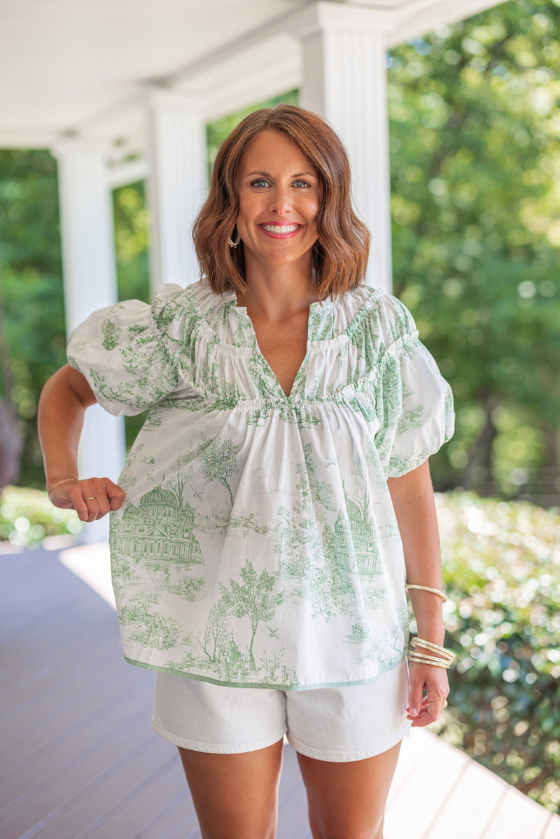 green chinoiserie print babydoll top 