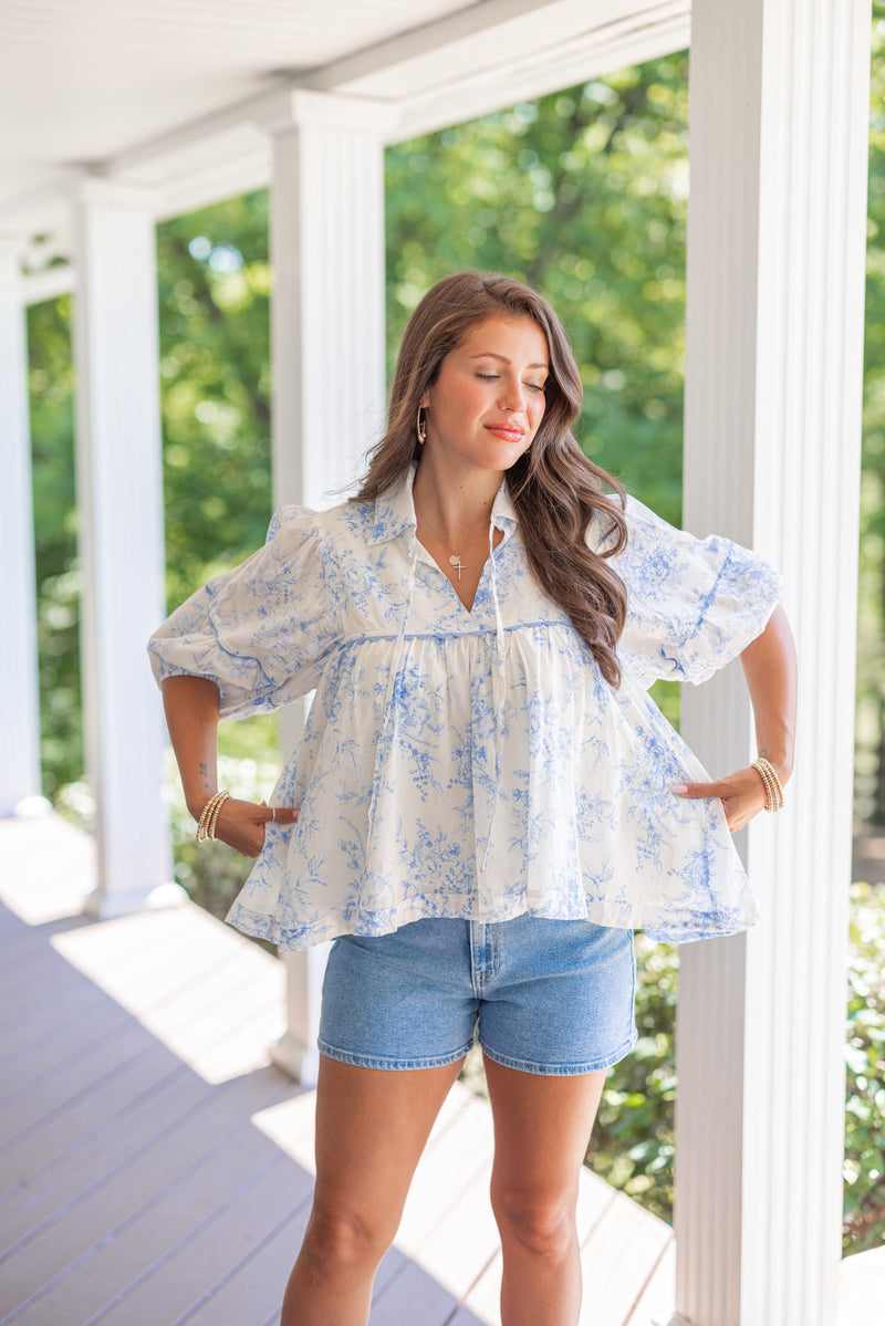 blue chinoiserie print babydoll top 