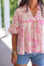 pink chinoiserie print babydoll top 