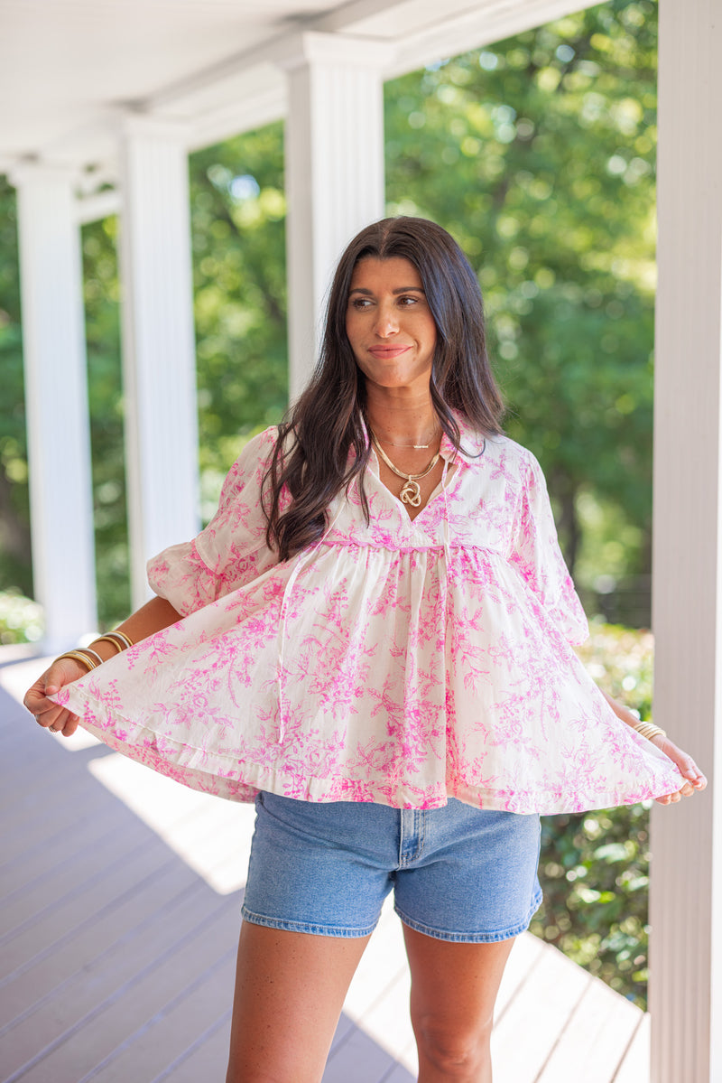 pink chinoiserie print babydoll top 