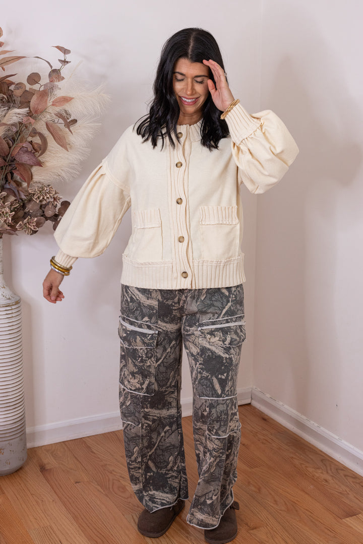 Women's trendy washed hunter green terry knit wide leg cargo pants in tree camo print by J. Her 