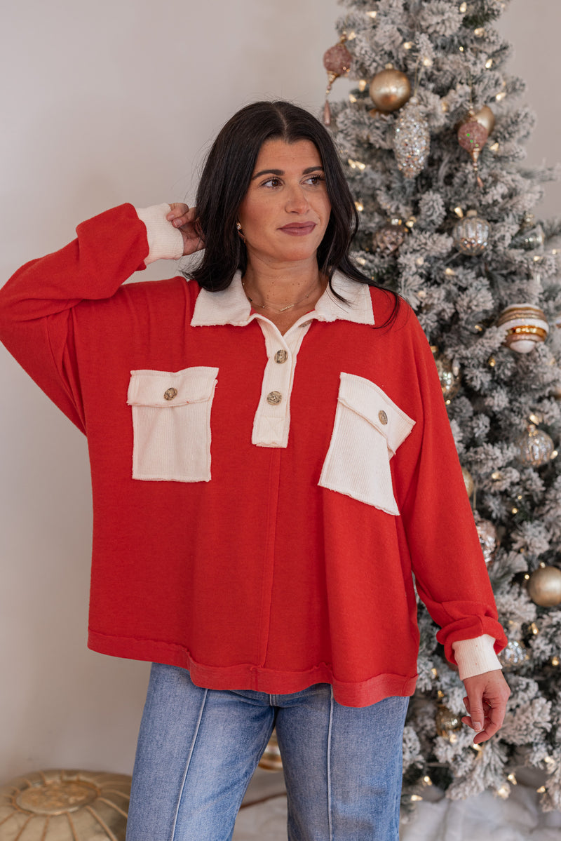 red ivory colorblock pullover top