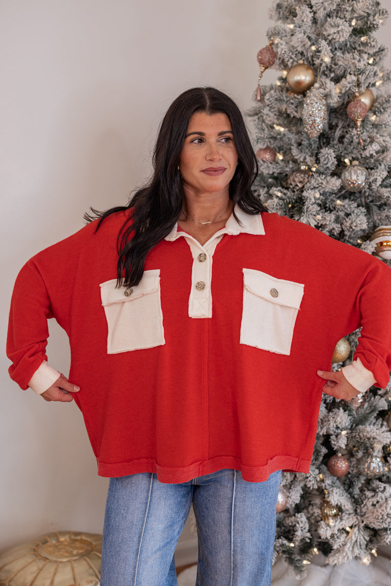 red ivory colorblock pullover top