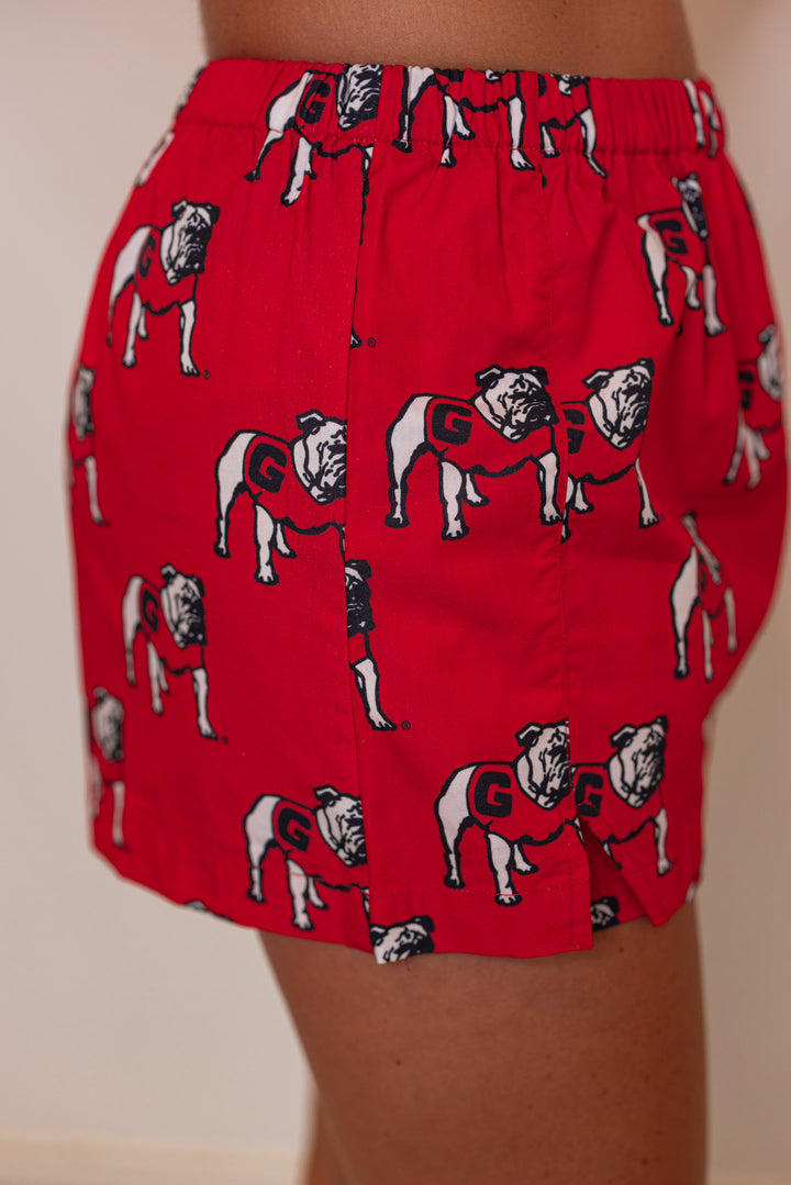 Womens red Bulldogs poplin skort by Stewart Simmons showing up close side view