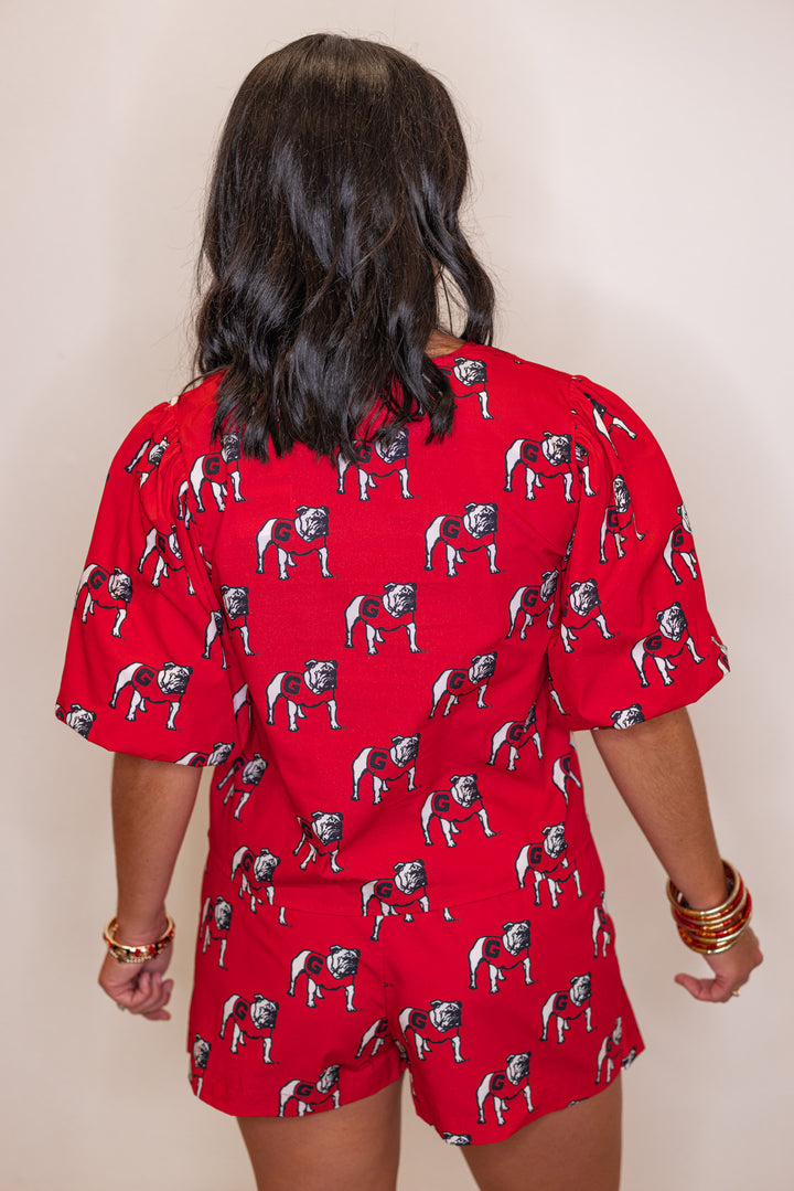 Women's red Bulldogs poplin top by Stewart Simmons showing up close back view
