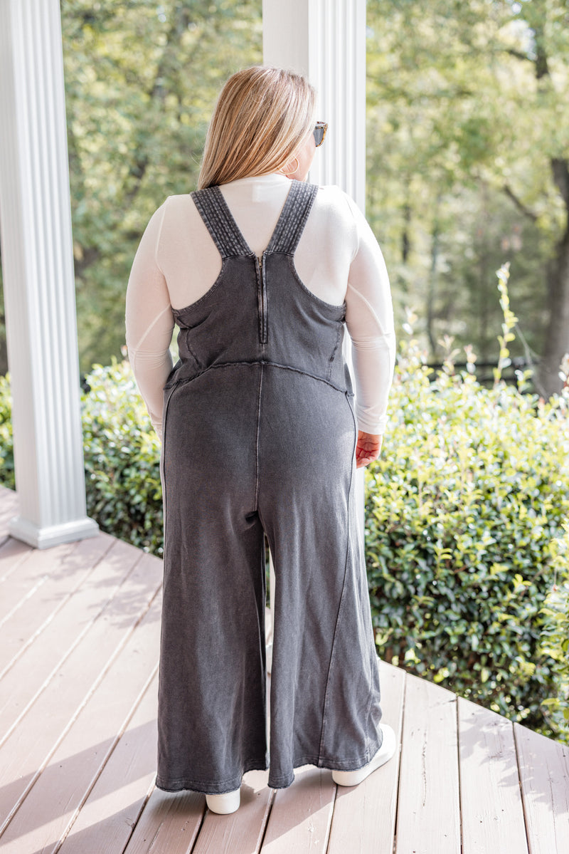 mineral washed black wide leg jumpsuit