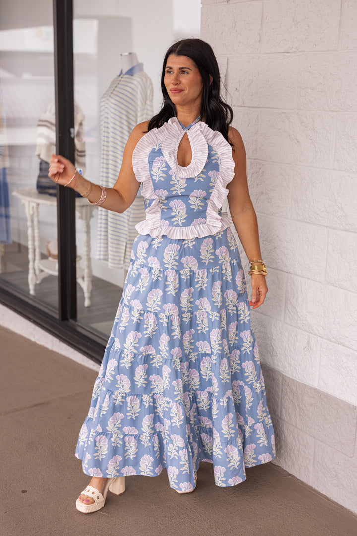 blue floral tiered maxi skirt with matching top
