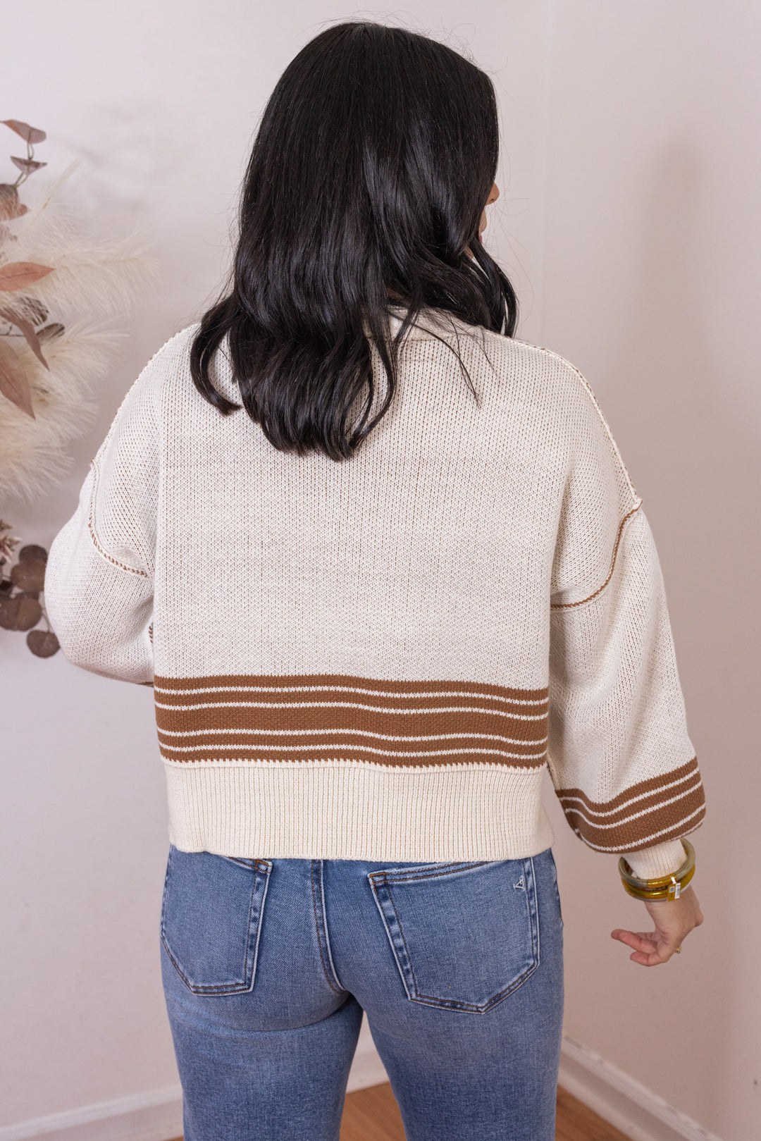 Women's cream knit boxy sweater top with inner caramel knit and caramel stripes by Idem Ditto showing up close back view