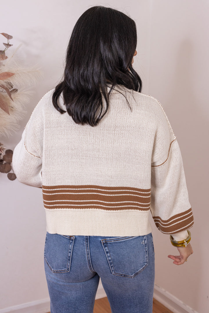 Women's cream knit boxy sweater top with inner caramel knit and caramel stripes by Idem Ditto showing up close back view