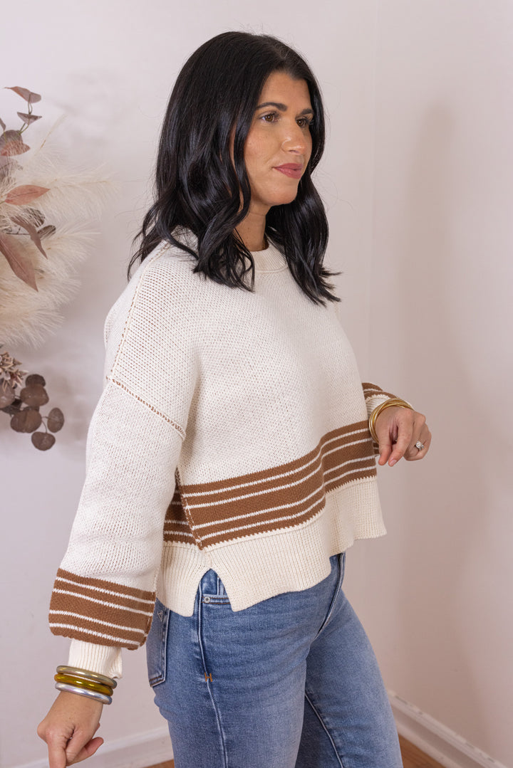 Women's cream knit boxy sweater top with inner caramel knit and caramel stripes by Idem Ditto showing up close side view