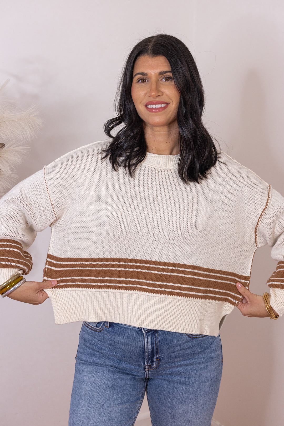 Women's cream knit boxy sweater top with inner caramel knit and caramel stripes by Idem Ditto showing boxy fit