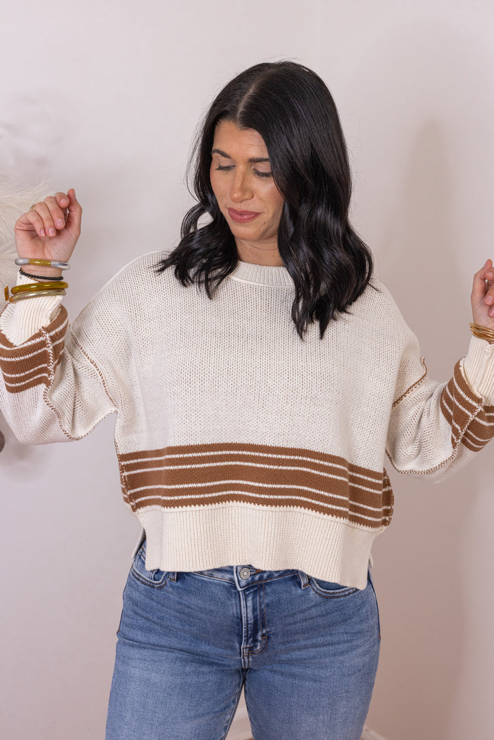 Women's cream knit boxy sweater top with inner caramel knit and caramel stripes by Idem Ditto