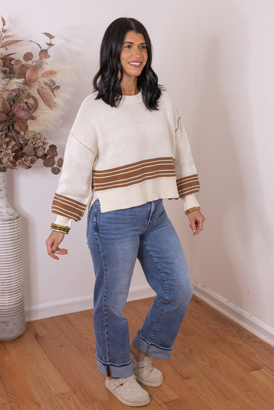 Women's cream knit boxy sweater top with inner caramel knit and caramel stripes by Idem Ditto showing full side view