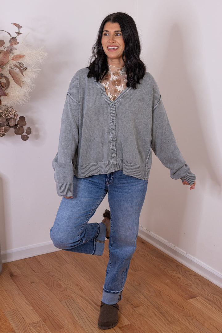 Women's washed olive green button front sweater knit cardigan, perfect for cooler weather