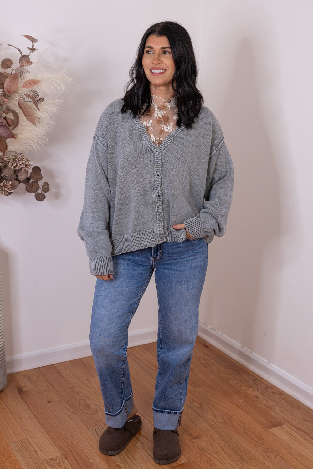 Women's trendy washed olive green button front sweater knit cardigan