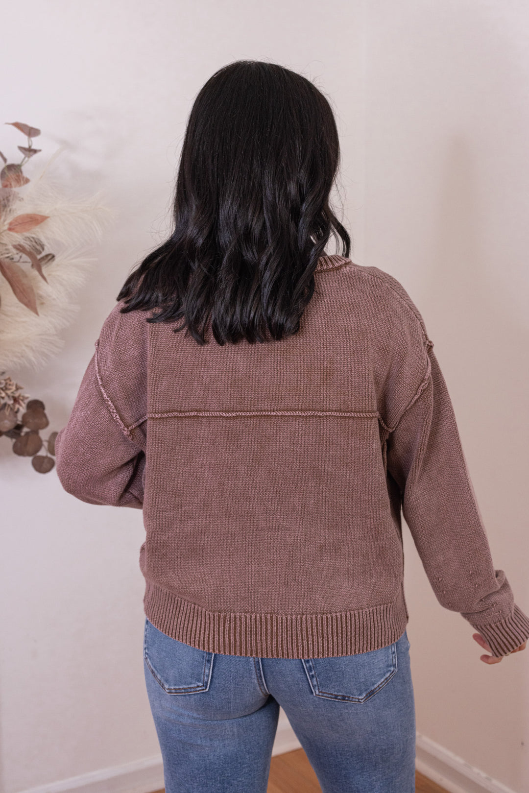 Women's washed mocha brown button front sweater knit cardigan by Bibi showing up close back view