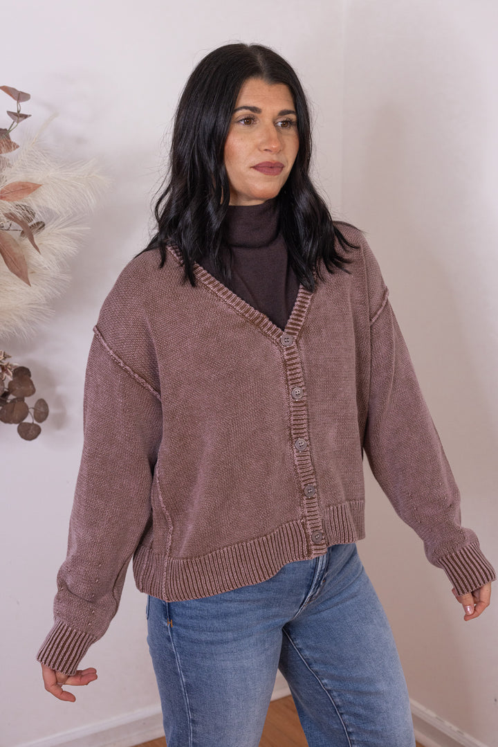 Women's washed mocha brown button front sweater knit cardigan by Bibi showing slightly angled front view