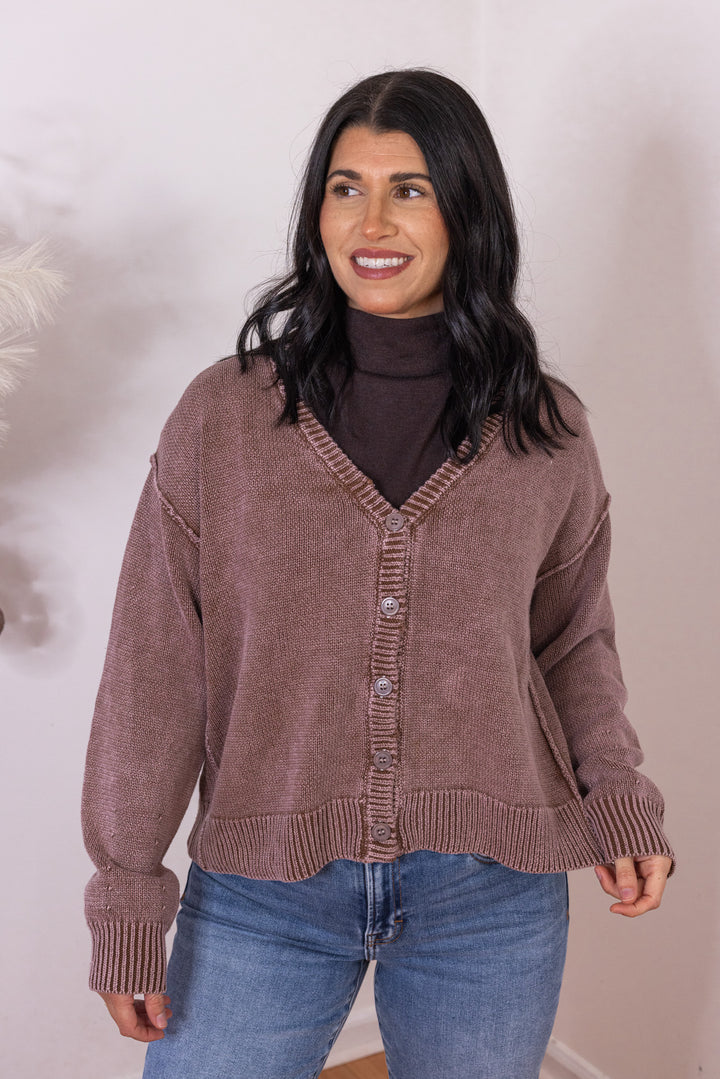 Women's washed mocha brown button front sweater knit cardigan by Bibi