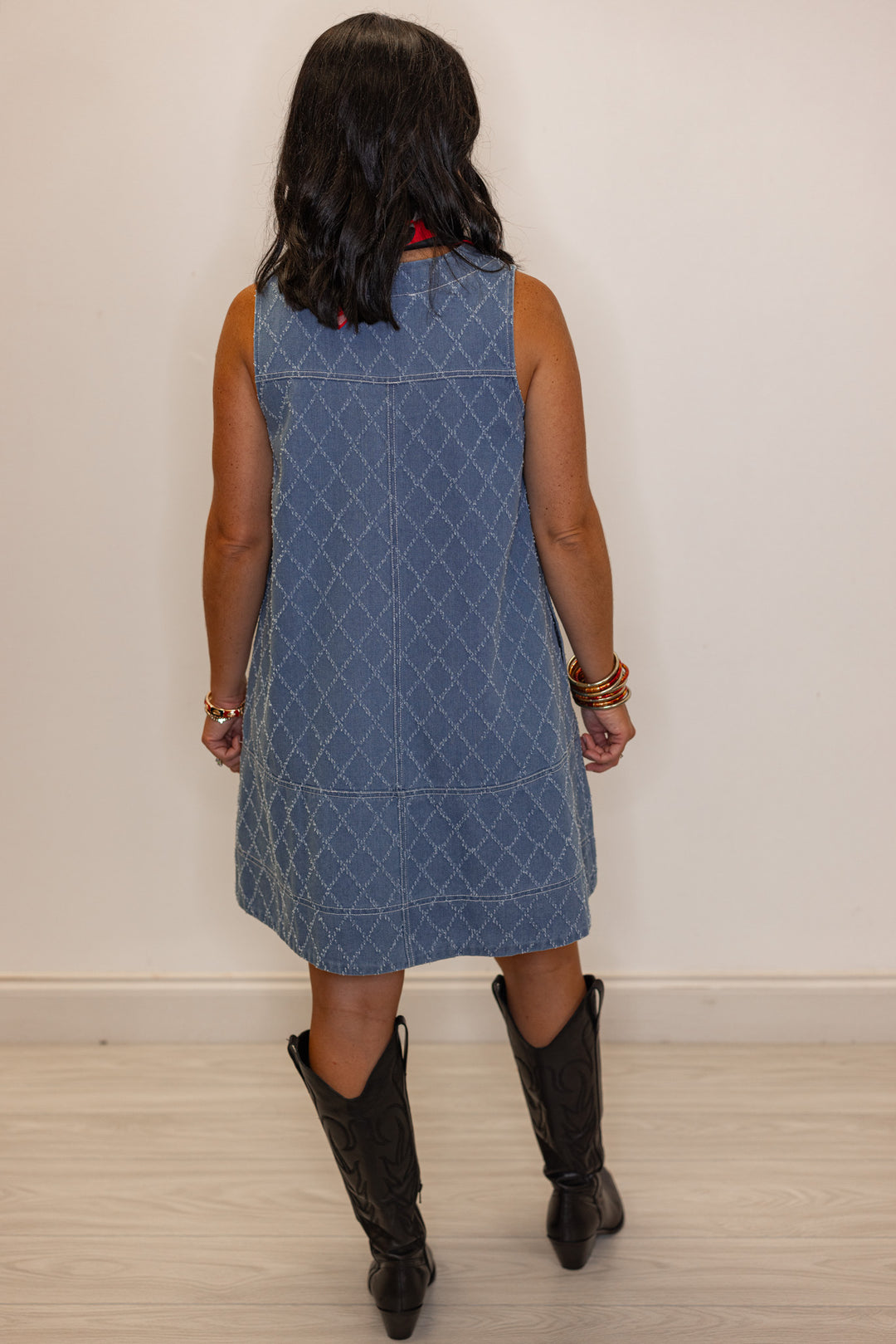 Womens blue denim zip front dress with frayed diamond print by Entro showing full back view