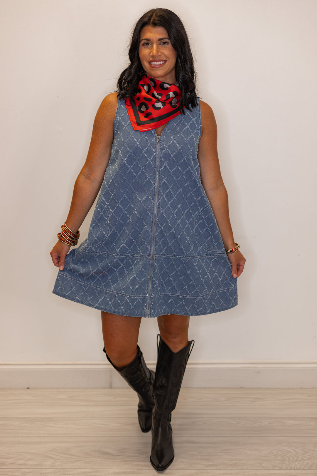 Trendy blue denim zip front dress with frayed diamond print by Entro, good fall transition dress for women