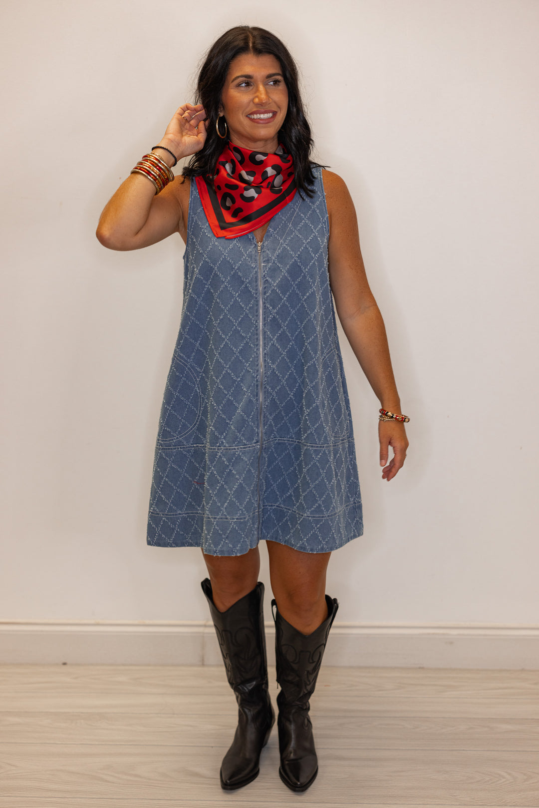 Womens blue denim zip front dress with frayed diamond print by Entro