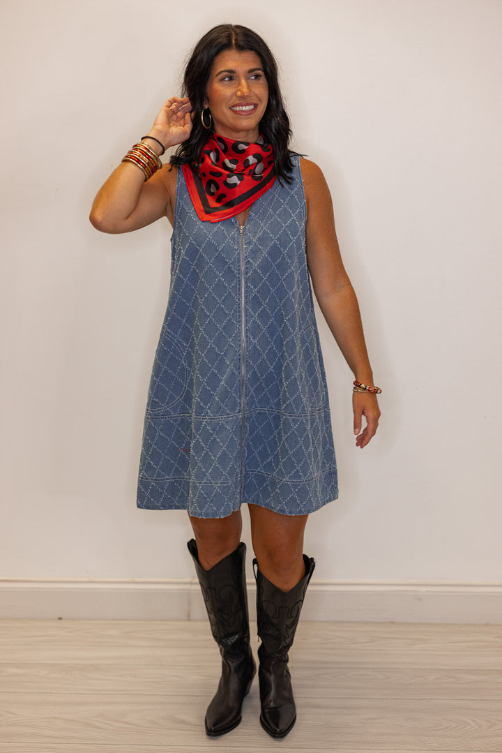 Womens blue denim zip front dress with frayed diamond print by Entro