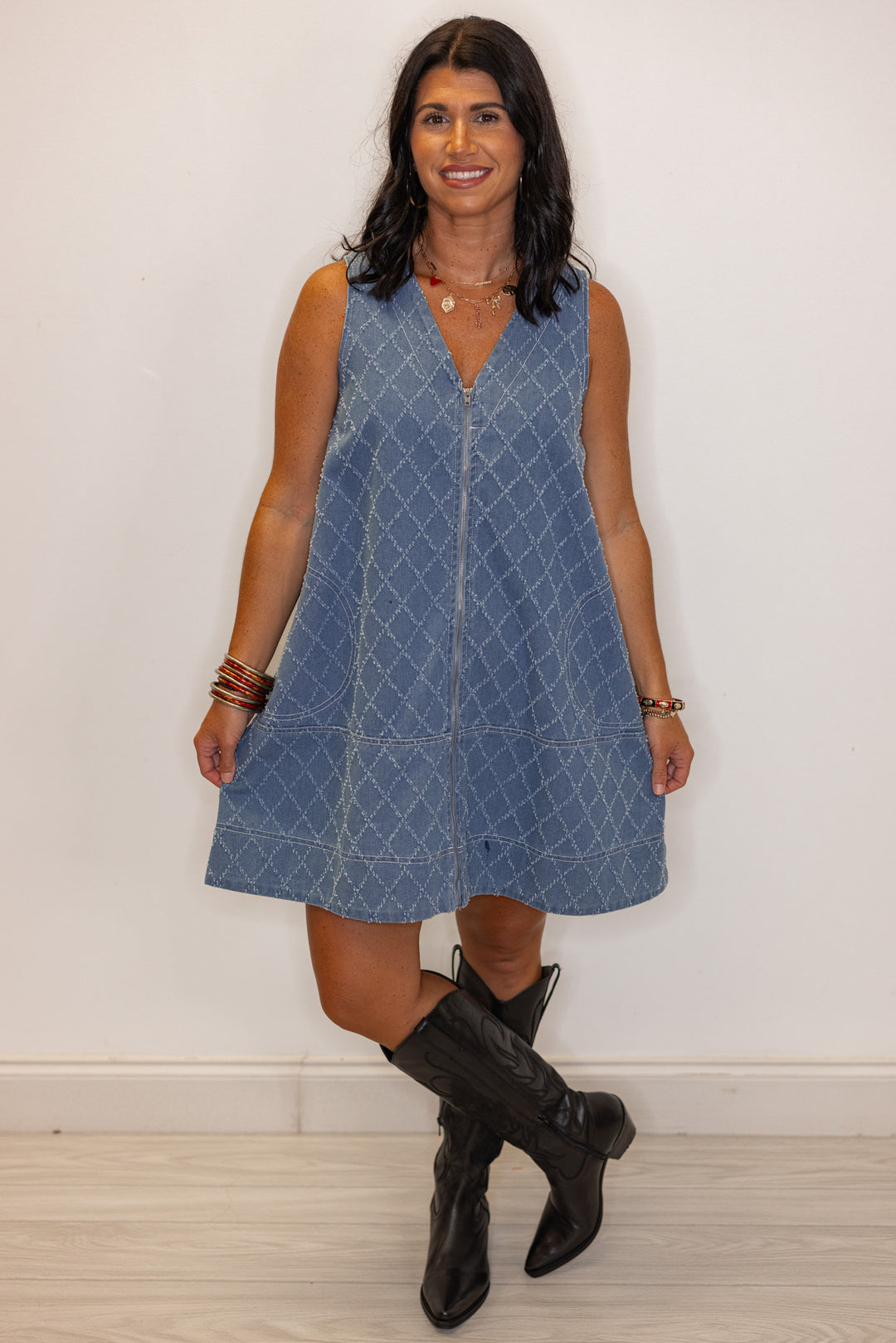 Womens blue denim zip front dress with frayed diamond print by Entro showing full front view