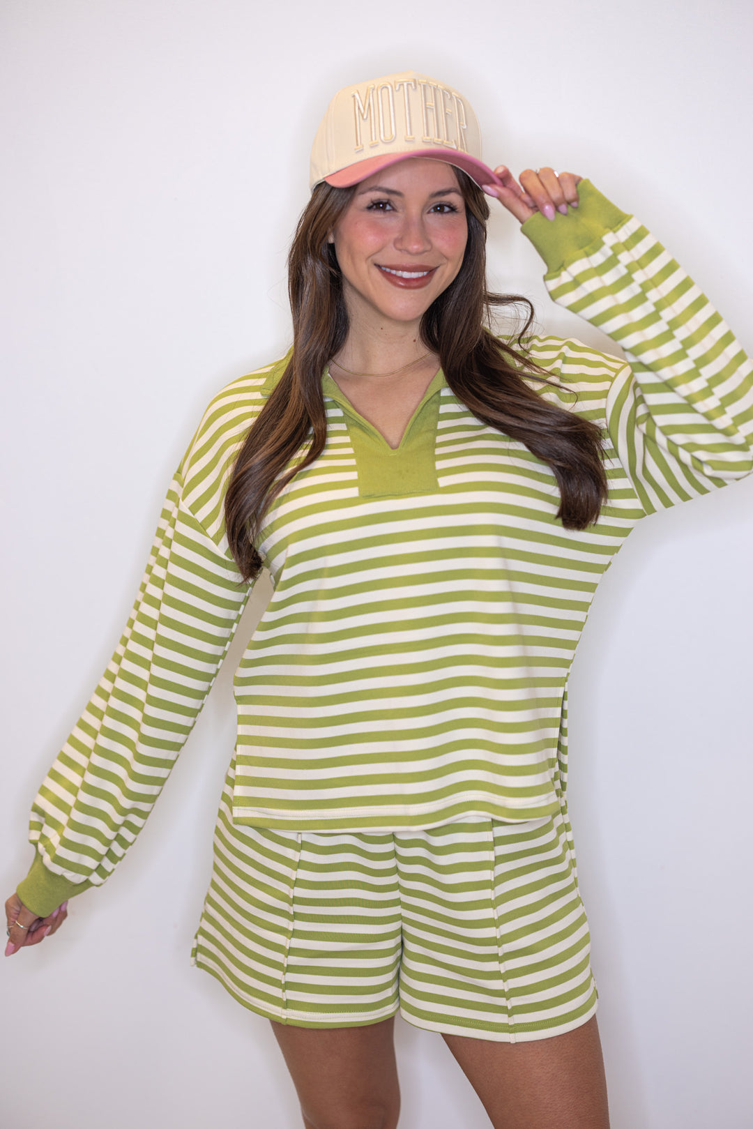 Women's ribbed knit top in matcha green and cream stripes by Entro