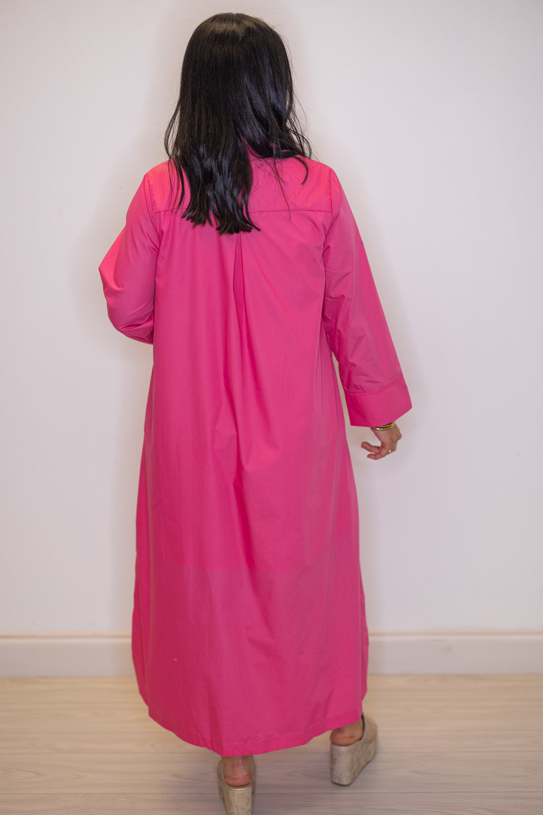 Women's pink button front midi dress by Entro showing full back view