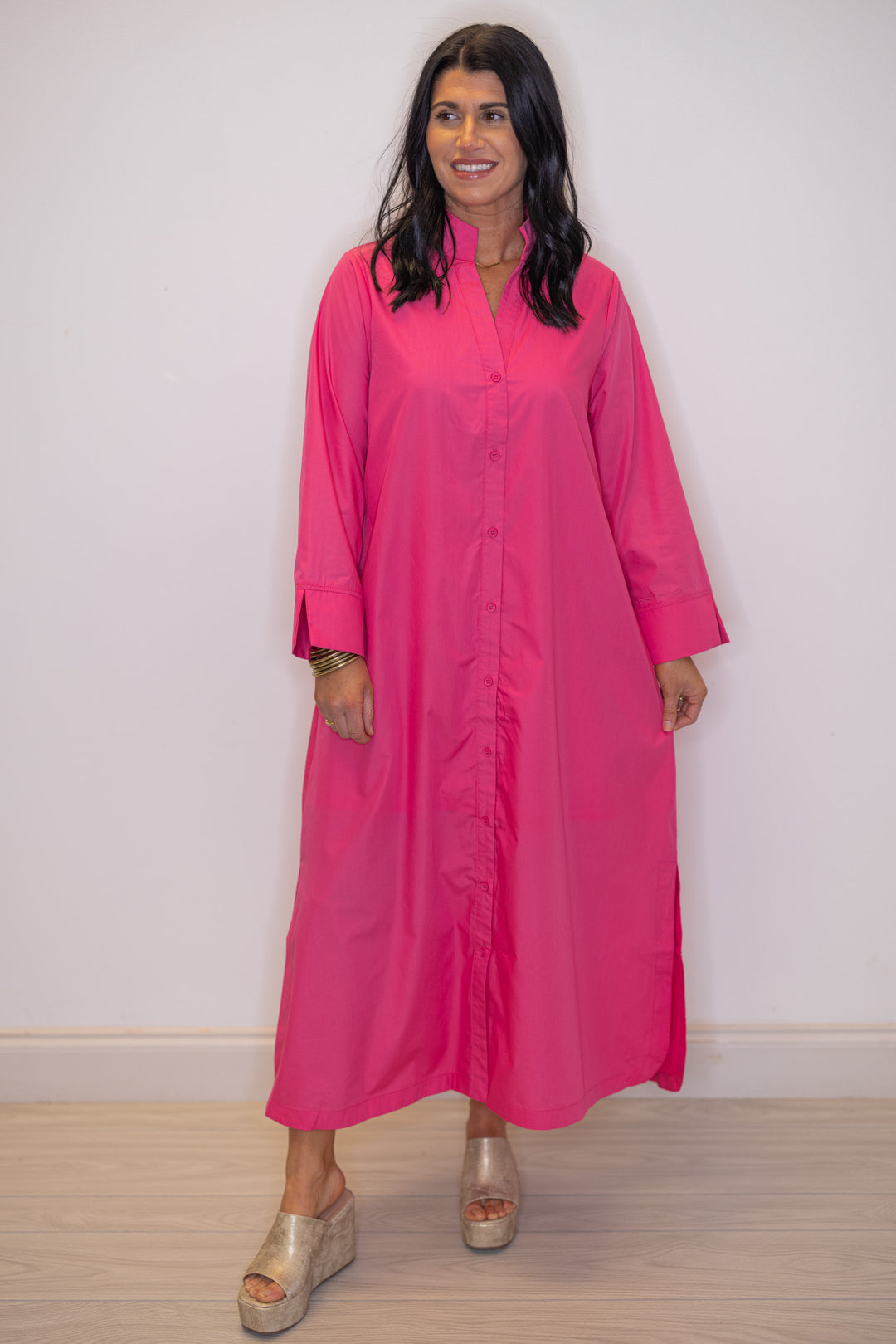 Women's pink button front midi dress by Entro