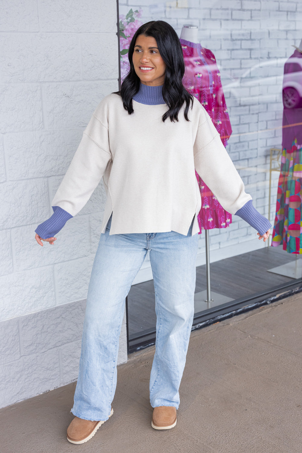 Women's ecru sweater knit pullover top with cornflower blue ribbed trim by Entro showing full front view