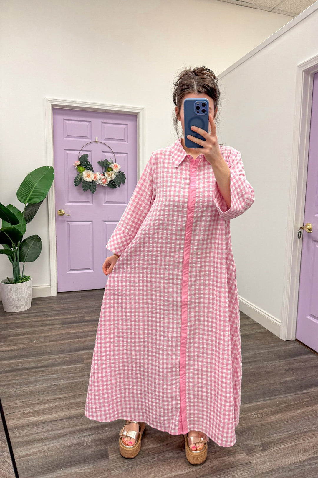 Women's pink and white gingham midi dress with relaxed silouhette by Entro