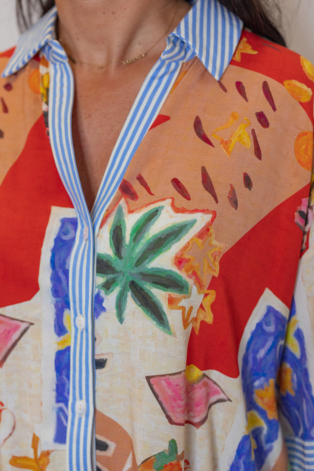 tropical resort printed button up top