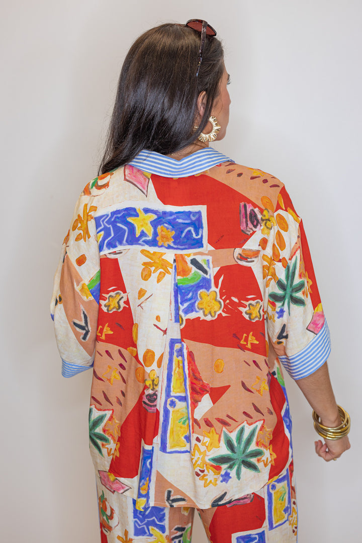 tropical resort printed button up top