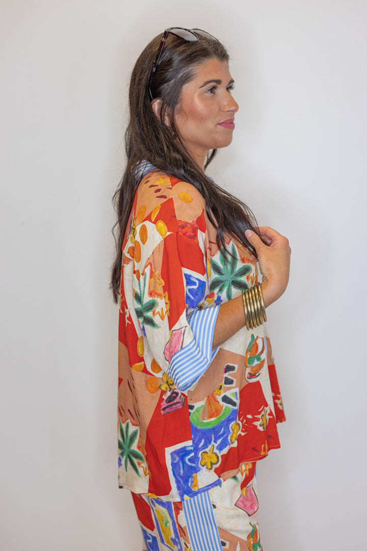 tropical resort printed button up top