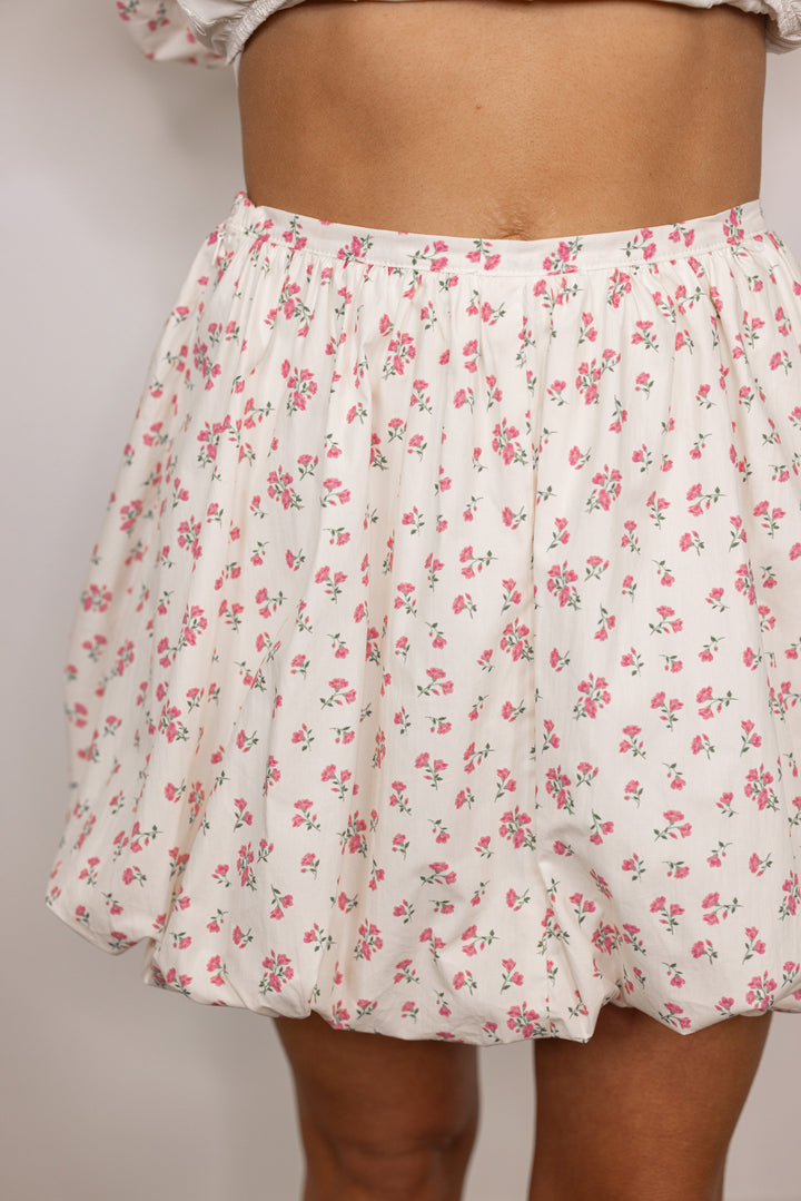 ivory pink floral bubble mini skirt