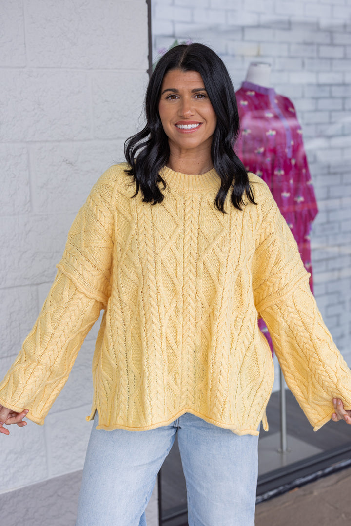 Women's yellow cable knit relaxed, boxy fit sweater by GeeGee
