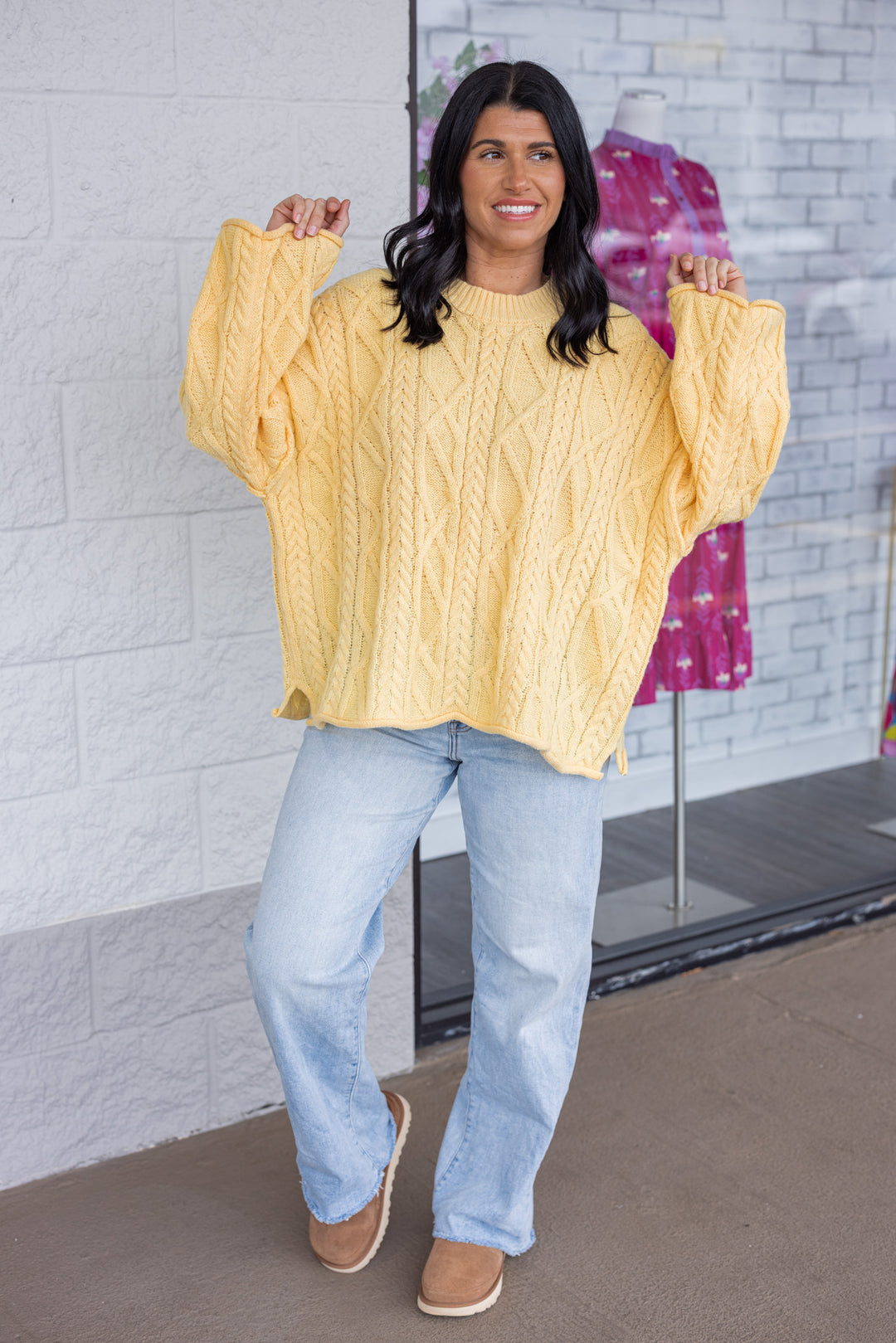 Women's yellow cable knit relaxed, boxy fit sweater by GeeGee, perfect for cooler weather