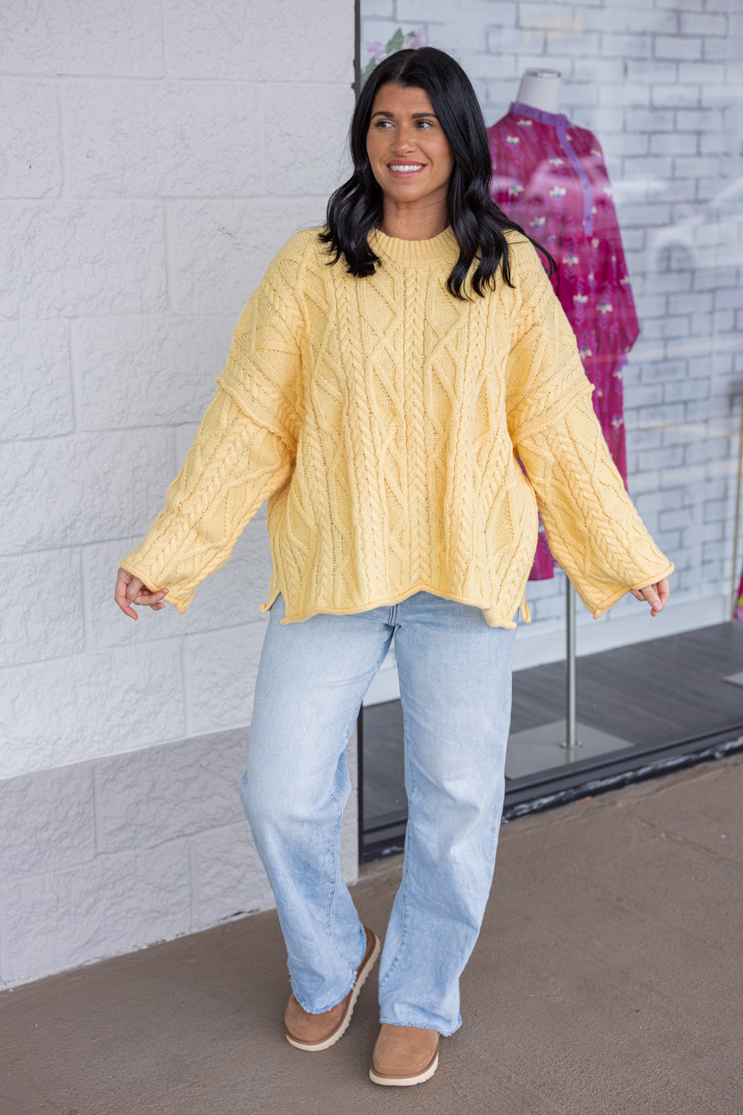 Women's yellow cable knit relaxed, boxy fit sweater by GeeGee showing full front view