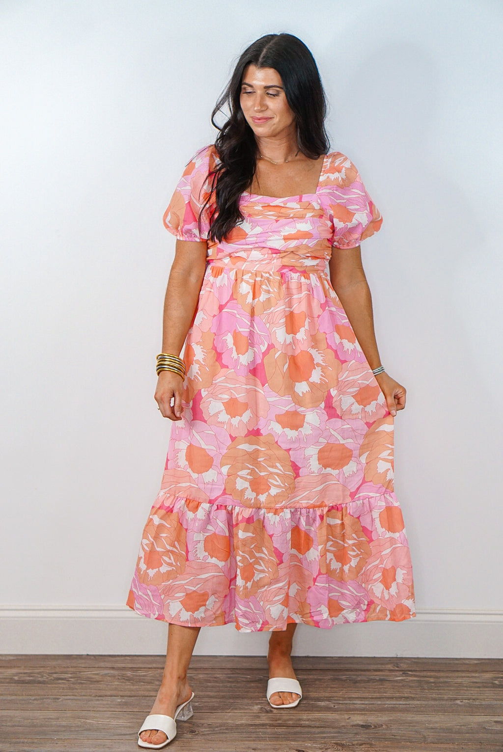 pink tropical print summer midi dress