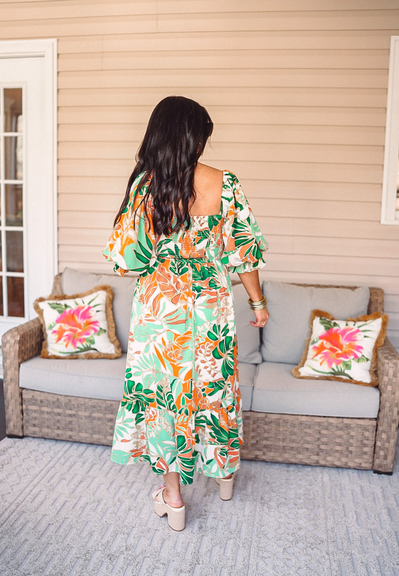 tropical print smocked midi dress