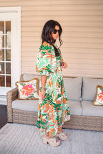 tropical print smocked midi dress