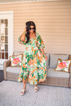 tropical print smocked midi dress