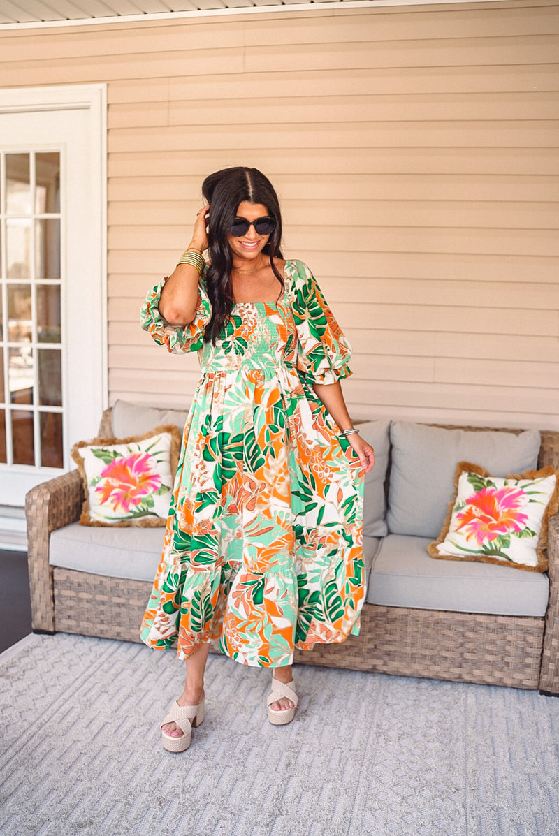 tropical print smocked midi dress