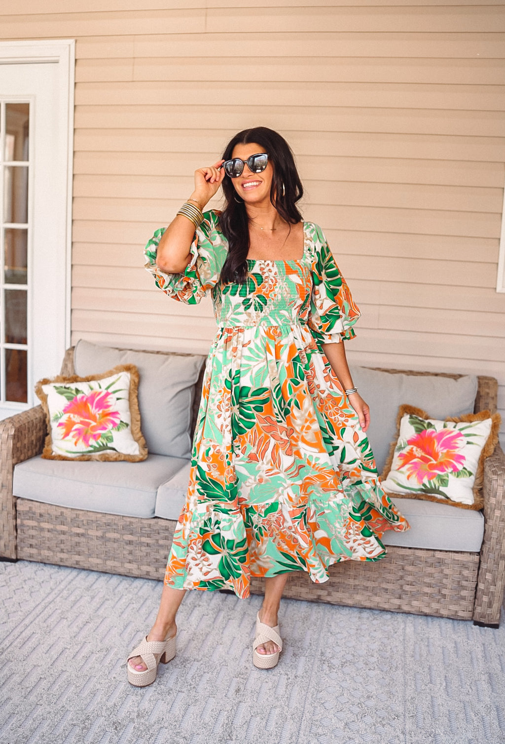 tropical print smocked midi dress